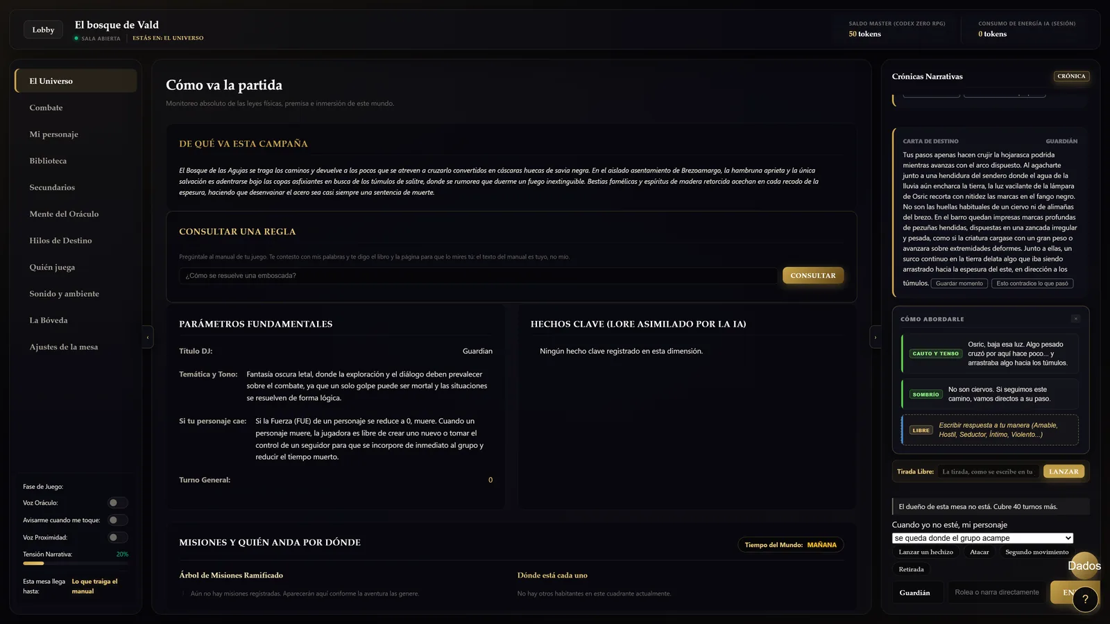 Una mesa real de Cairn: la premisa forjada del manual, la consulta de reglas y el relato del Guardián